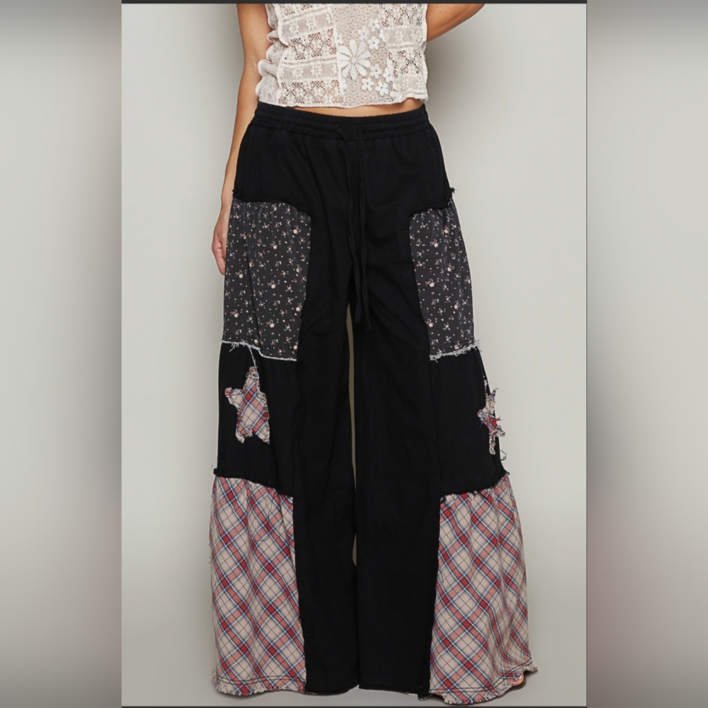 NWOT POL Black Patchwork Wide-Leg Pants with Plaid & Floral Accents